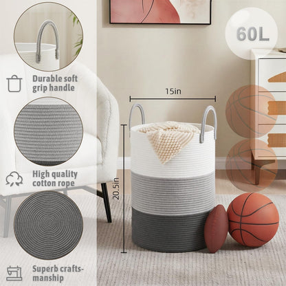Artfeel Laundry Basket,Woven Cotton Rope Laundry Hamper,60L for Decor Storage of Dirty Clothes,Toys and Blankets in Bathroom,Baby Room and Living Room