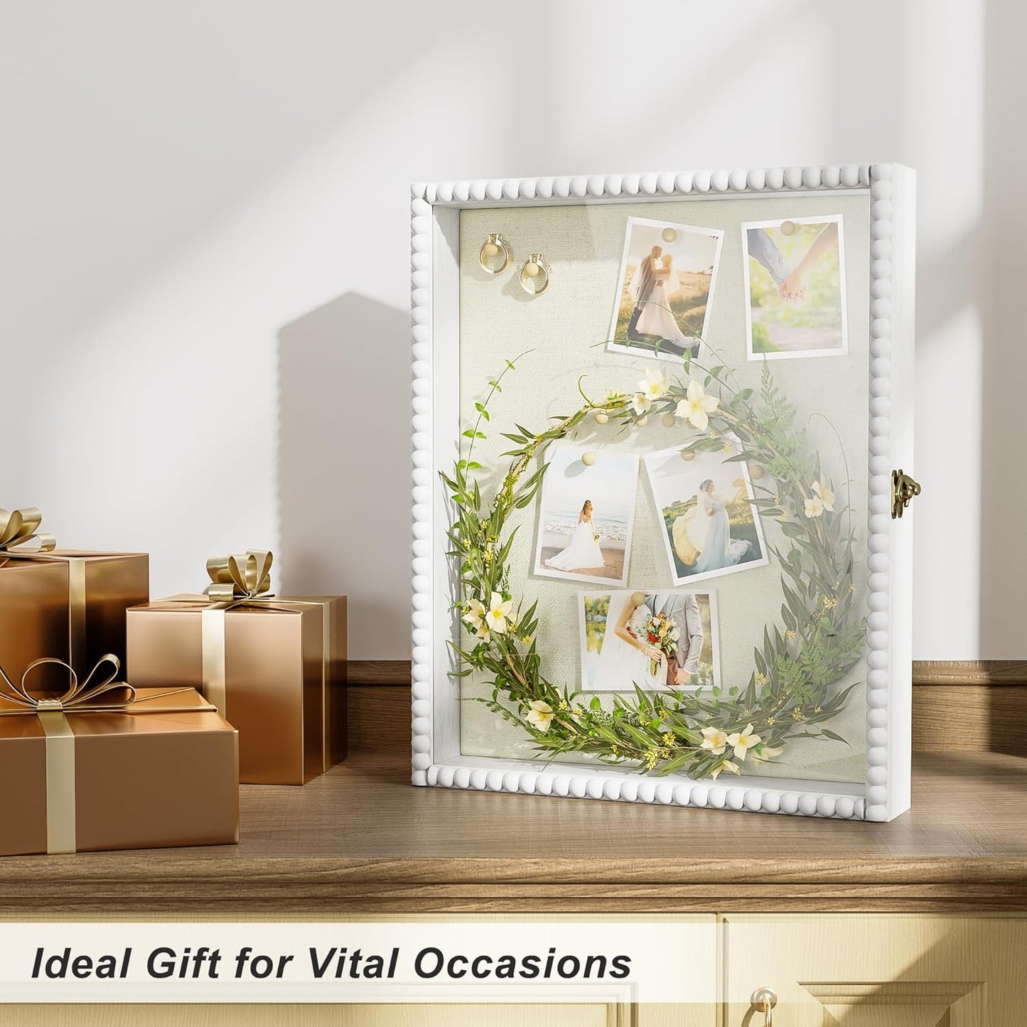 Love-KANKEI Shadow Box Frame 11x14, Deep Large Shadow Box Display Case with Unique Beads Door and Glass Window, Wood Memory Box for Pictures,Medals,Memorabilia,Collections White