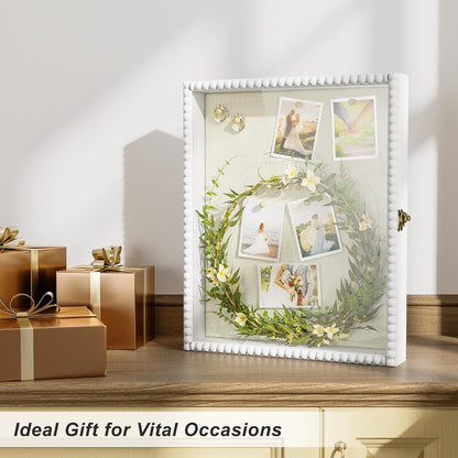 Love-KANKEI Shadow Box Frame 11x14, Deep Large Shadow Box Display Case with Unique Beads Door and Glass Window, Wood Memory Box for Pictures,Medals,Memorabilia,Collections White