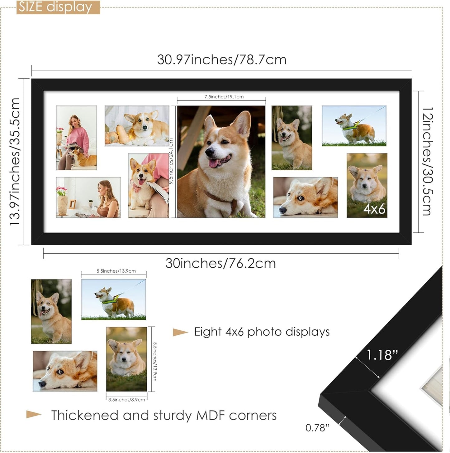 DUENPY 14x26 Collage Picture Frame 4x6 Collage Picture Frame Displays Twelve 4x6 inch Photos Available Horizontal Wall Mounting Display and Vertical Black - Colors A