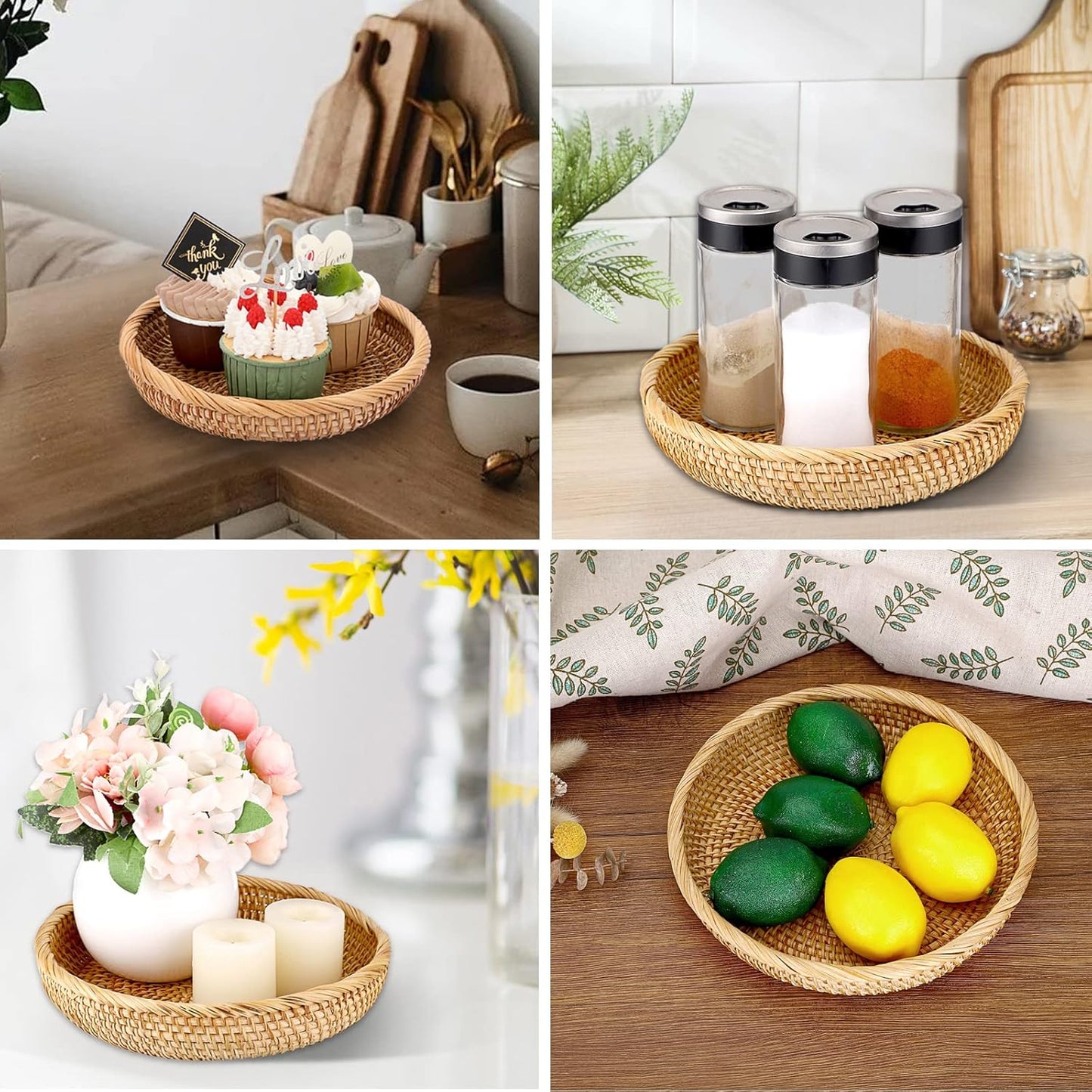 Hipiwe Small Key Basket Bowl for Entryway 7.6" Round Woven Wicker Basket Fruit Serving Tray Woven Basket Wall Decor Rattan Organizer Basket for Keys, Wallet,Whitewash
