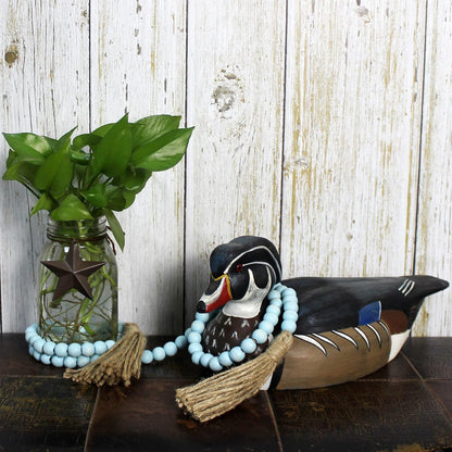 CVHOMEDECO. Wood Beads Garland with Tassels Farmhouse Rustic Wooden Prayer Bead String Wall Hanging Accent for Home Festival Decor. Mix Distressed