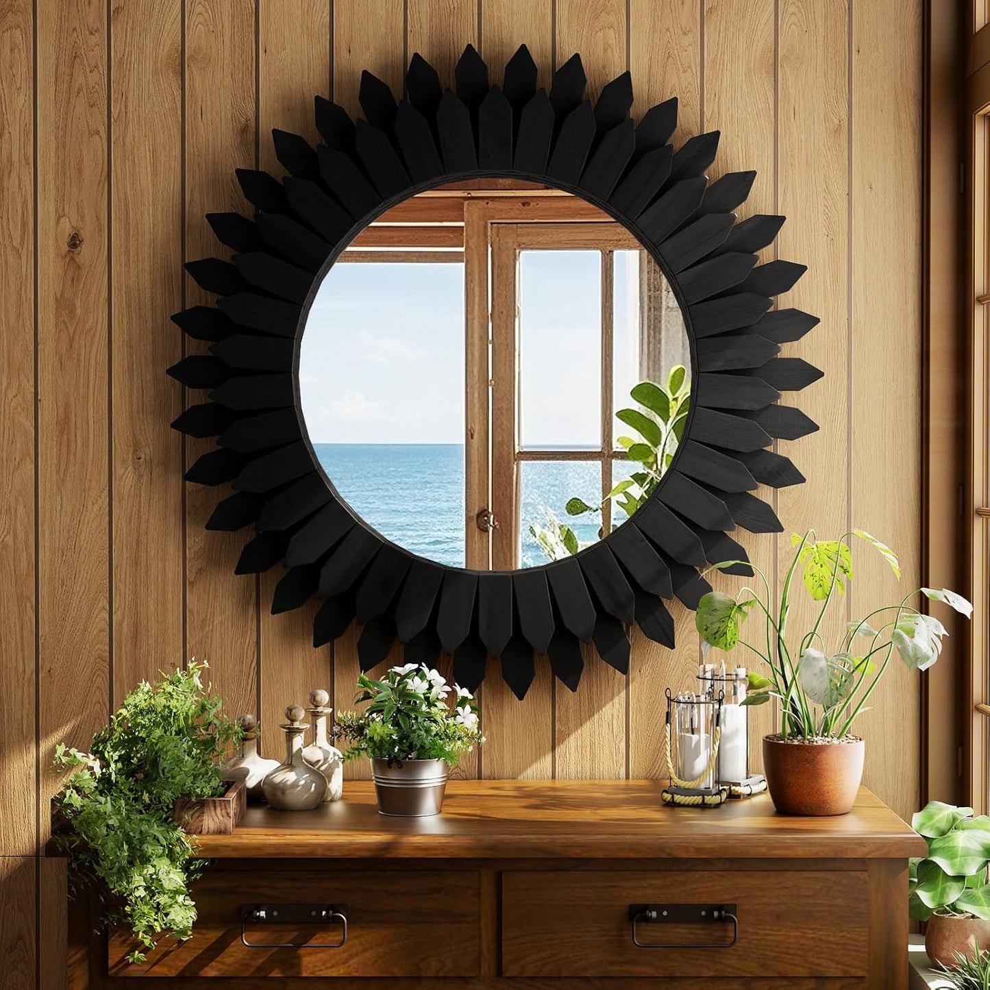 20 Inch Brown Boho Wall Decor Sunburst Mirror - Round Wooden Wall Decor, Handmade Rustic Circular Mirror for Living Room, Bedroom, Entryway, Office