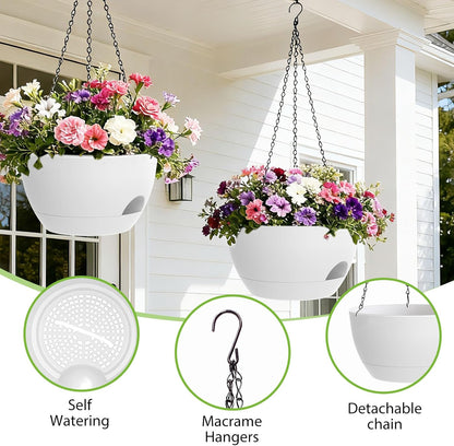 8 Inch Hanging Planters for Indoor Outdoor Plants, 4 Pack Black Plastic Self Watering Hanging Baskets with Drainage Holes and Chain for Garden Porch