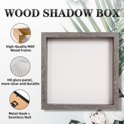 Muzilife 8x8 Shadow Box Picture Frame with Linen Board - Deep Wood & Glass Display Case Ready to Hang Memory Box Baby Sports Memorabilia, Pins, Awards, Medals, Wedding, Tickets and Photos (Black)