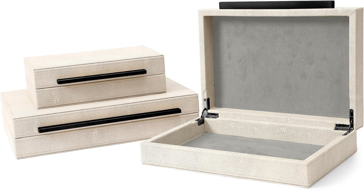 Sagala Set of 2 Ivory Shagreen Decorative Boxes With Brushed Gold Metal Handles, Faux Leather Jewelry Boxes Modern Storages Photo Memory Boxes Home Organizer Boxes (Ivory-Gold, 2pack)