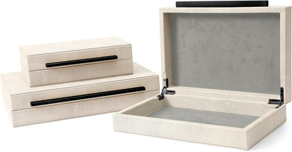 Sagala Set of 2 Ivory Shagreen Decorative Boxes With Brushed Gold Metal Handles, Faux Leather Jewelry Boxes Modern Storages Photo Memory Boxes Home Organizer Boxes (Ivory-Gold, 2pack)