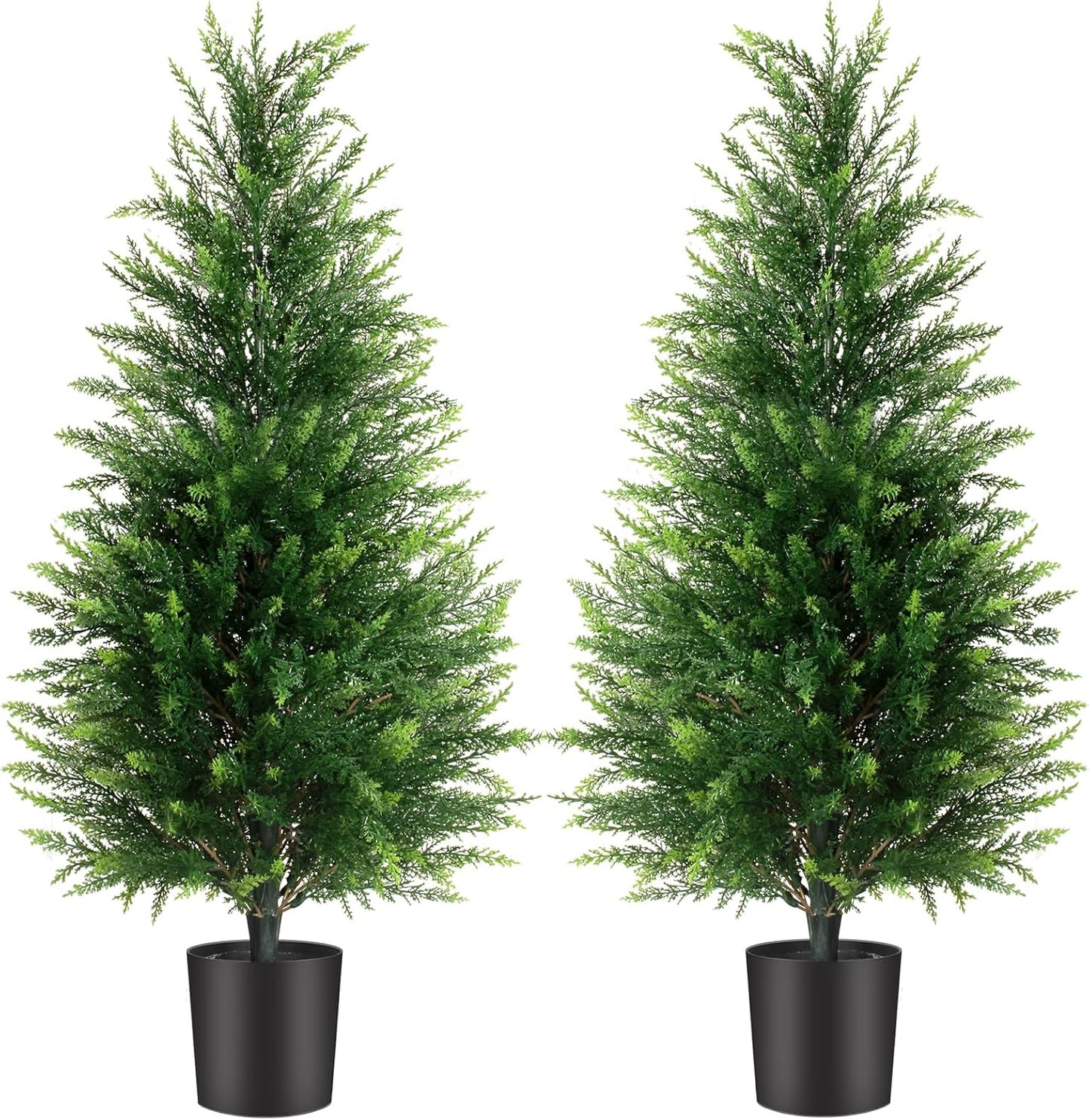 3FT Artificial Cedar Trees 2 Pack, UV Protected Fake Outdoor Evergreen Topiary Potted Plants, Lifelike Artificial Cypress Shrubs for Porch Patio Garden Home Office Decor