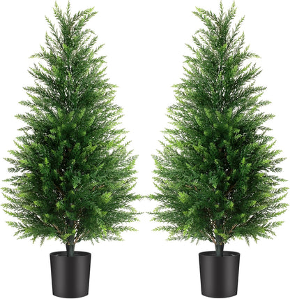 3FT Artificial Cedar Trees 2 Pack, UV Protected Fake Outdoor Evergreen Topiary Potted Plants, Lifelike Artificial Cypress Shrubs for Porch Patio Garden Home Office Decor
