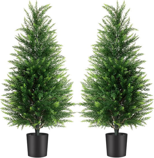 3FT Artificial Cedar Trees 2 Pack, UV Protected Fake Outdoor Evergreen Topiary Potted Plants, Lifelike Artificial Cypress Shrubs for Porch Patio Garden Home Office Decor