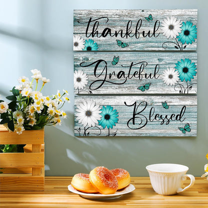Geetery 3 Pcs Thankful Grateful Blessed Wooden Signs Rustic Daisy Wood Wall Decor Inspirational Wall Art Signs Rustic Wooden Hanging Decorations for Bedroom Kitchen Living Room Bathroom Home (Blue)