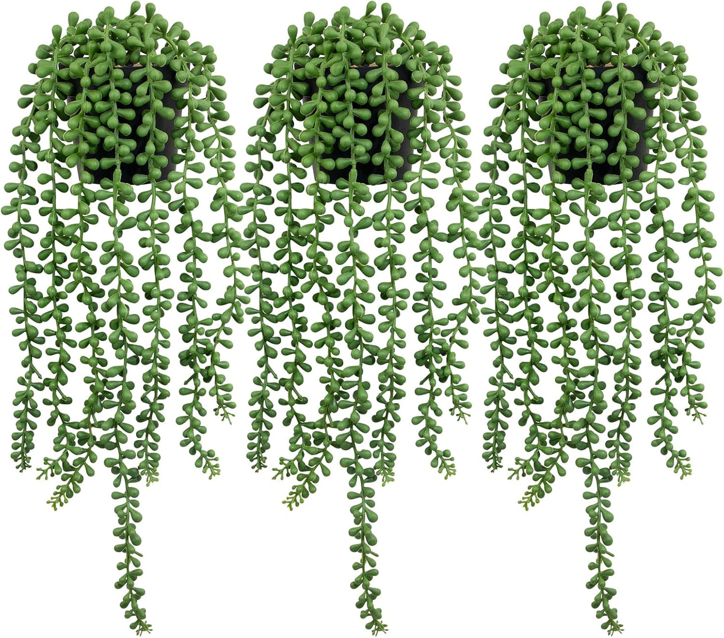 LOYWREE Fake Plants Indoor Artificial String of Pearls Plant in Black Pots, Realistic Green Faux Succulent Hanging Plants for Shelf Decor Desk Home Garden Decorations