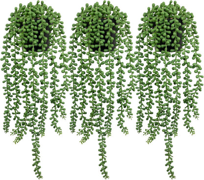 LOYWREE Fake Plants Indoor Artificial String of Pearls Plant in Black Pots, Realistic Green Faux Succulent Hanging Plants for Shelf Decor Desk Home Garden Decorations