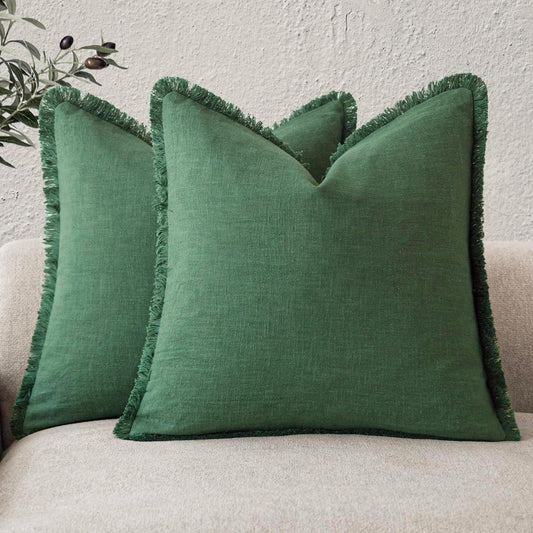 Foindtower Set of 2 Decorative Linen Fringe Lumbar Throw Pillow Covers Boho Farmhouse Cushion Cover with Tassels Soft Accent Pillowcase for Couch Sofa Bed Living Room Home Decor,12×20 Inch,Olive Green - Colors A