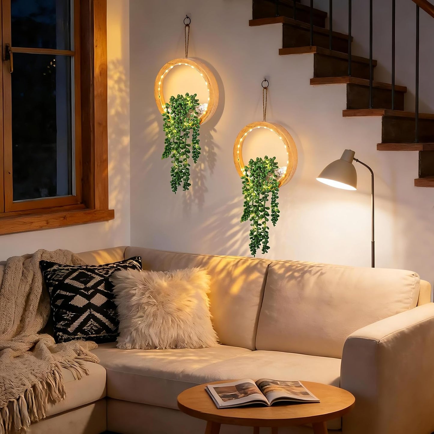 Der Rose 2 Pack Lighted Hanging Plants, Artificial String of Pearls Succulents with Warm LED Lights, Aesthetic Fake Plants for Black Bathroom Bedroom Living Room Wall Decor, Party & Gift for Women