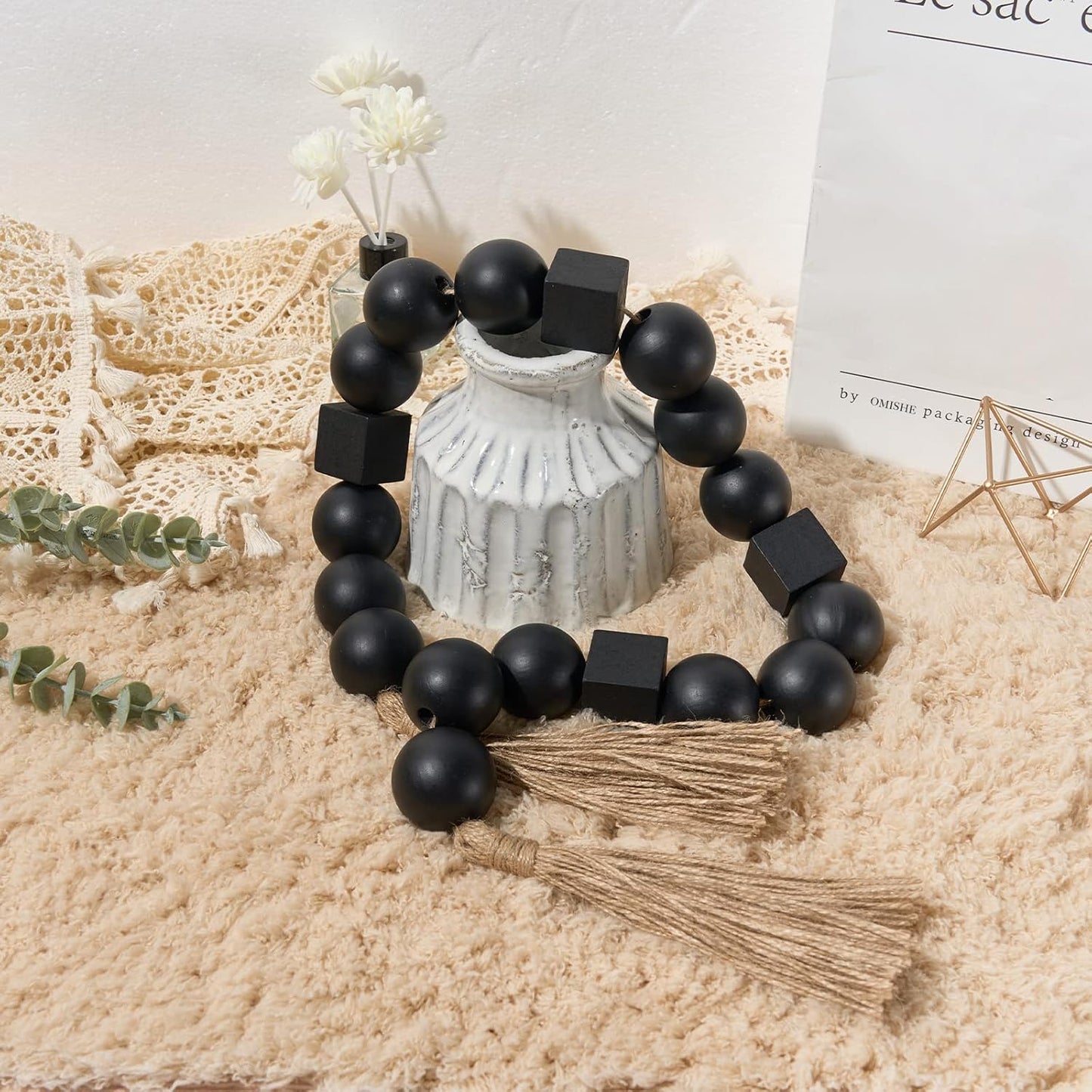 OMISHE Extra Large Wood Bead Garland with 1.6" Diameter Wooden Beads and Tassels, 41" Long Rustic Farmhouse Country Decorative Beads for Home Tiered Tray Decor, Natural Beige