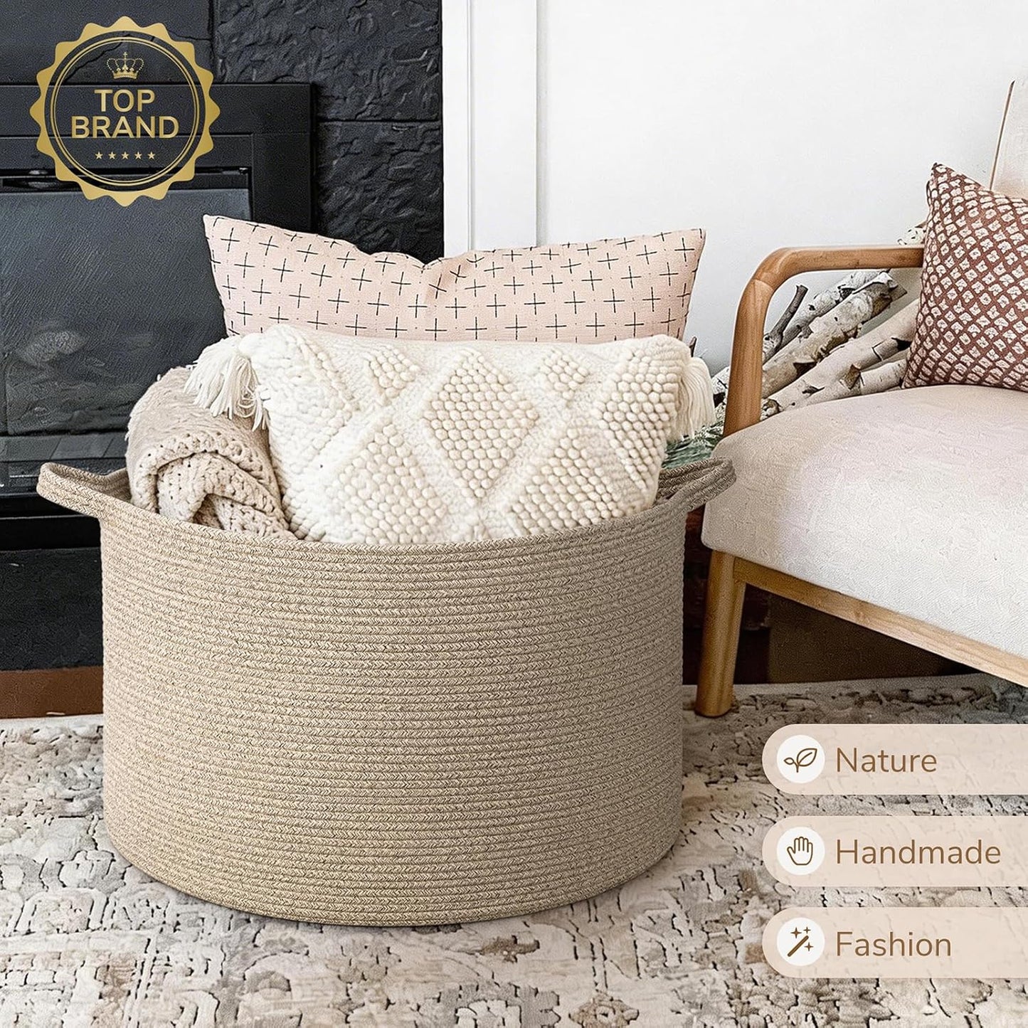 INDRESSME XXXLarge Blanket Basket for Living Room 21.7" x 21.7" x 13.8"-Storage Basket with Handle for Organizing Toy Pillows Woven Cotton Rope Laundry Basket Stuffed Animal Toy Storage for Play Room