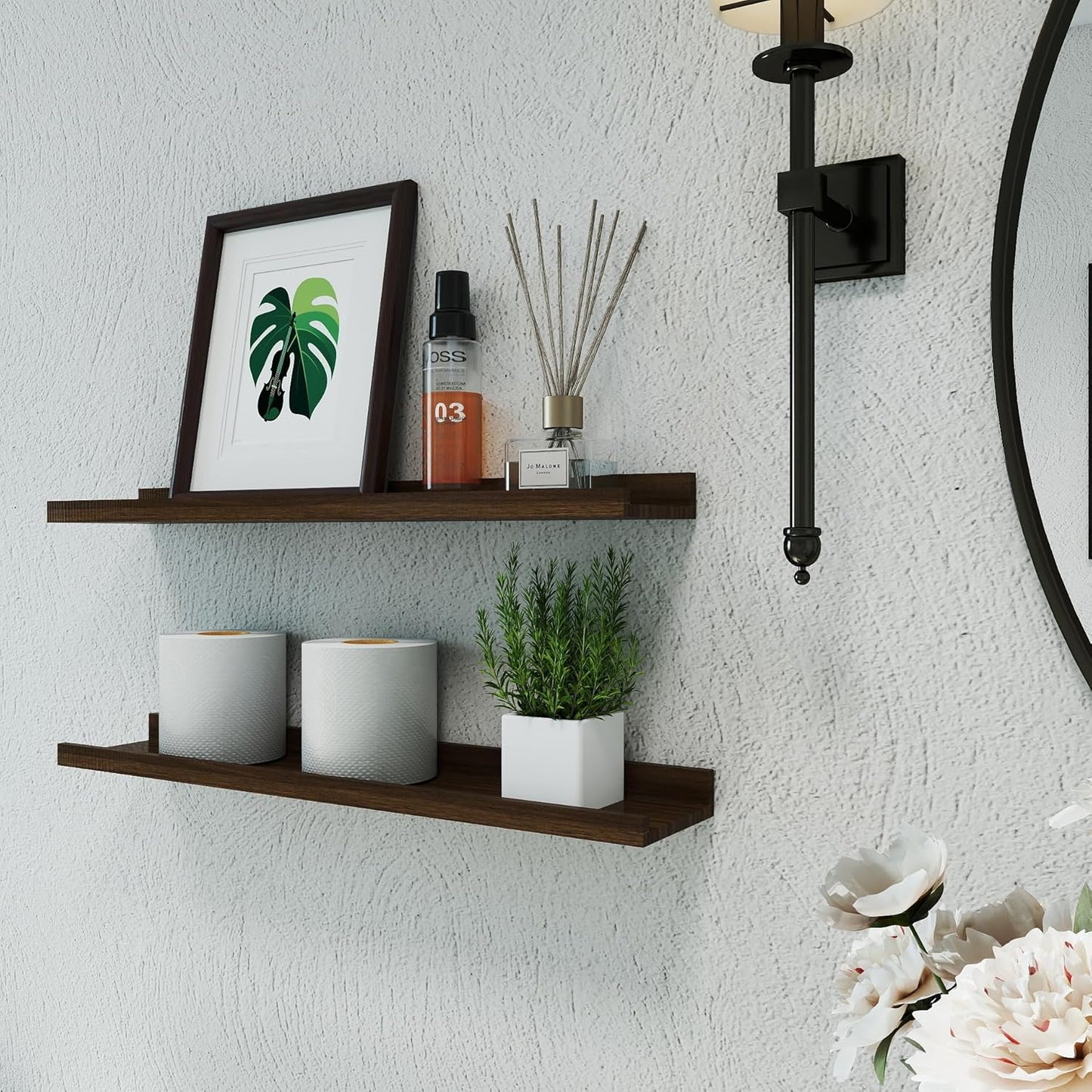 White Floating Shelves for Wall Decor, Wall Mounted Wood Storage Shelf for Bedroom, Living Room, Bathroom, Kitchen, Nursery, Display Picture Ledge Shelf with Lip Set of 2-14 Inches, White