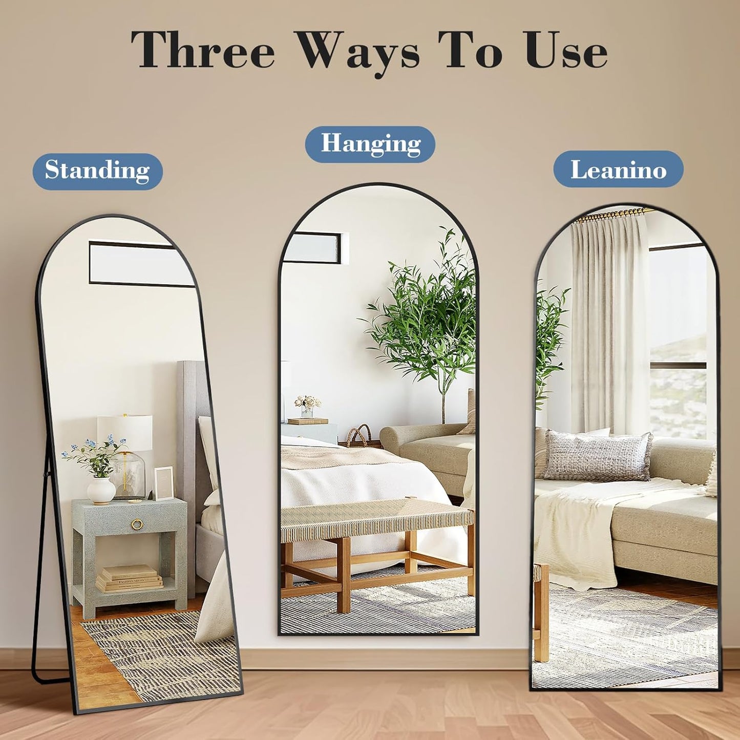 DUMOS Arched Full Length Mirror with Stand 64"x21" Floor Standing Aluminum Frame for Bedroom Body Hanging Leaning Modern Simple Home Decor Shatter-proorf Nano Glass Wall Living Room Cloakroom Black