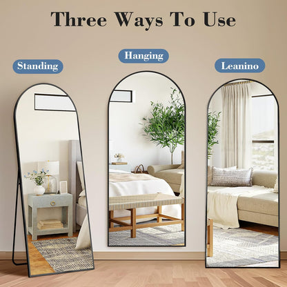 DUMOS Arched Full Length Mirror with Stand 64"x21" Floor Standing Aluminum Frame for Bedroom Body Hanging Leaning Modern Simple Home Decor Shatter-proorf Nano Glass Wall Living Room Cloakroom Black