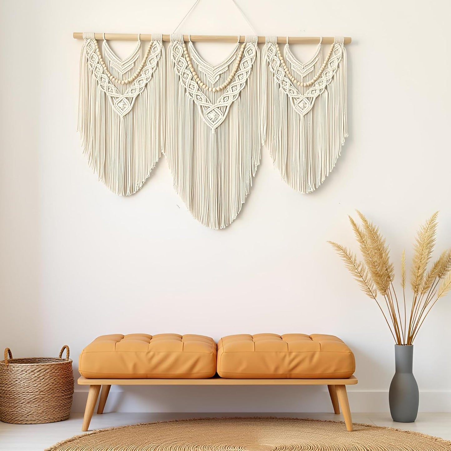 guzhiou large macrame wall hanging - Boho Tapestry Macrame Wall Decor Art- Chic Bohemian Handmade Woven Tapestry Home Decoration for Bedroom Living Room Apartment Wedding Party - 43"x32" (Wood bead)