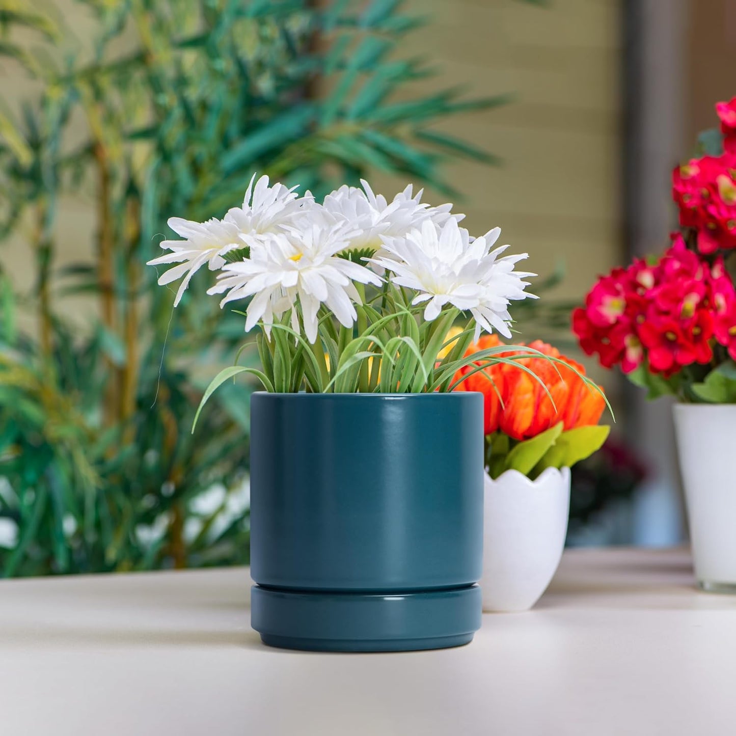 D'vine Dev 6.5 Inch Ceramic Planter Pot with Drainage Hole and Saucer, Indoor Cylinder Round Planter Pot, Olive, 94-O-C-J