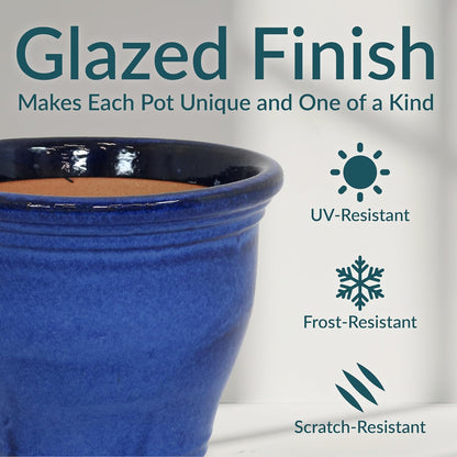 Sunnydaze Large Ceramic Plant Pot - Round Outdoor Glazed Ceramic Planter Pot with Drainage - Studio - Imperial Blue - 18.5"