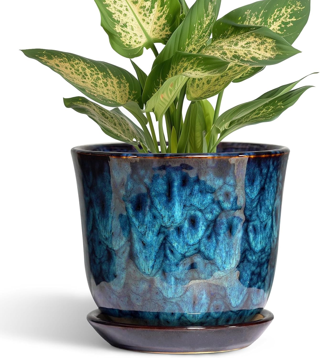 Ceramic Plant Pots - 12 Inch Pots for Plants Indoor Outdoor, Large Round Planter with Drainage Hole and Saucer, Modern Decorative Flower Pot, Home Garden Decor, House Warming Gifts, Blue