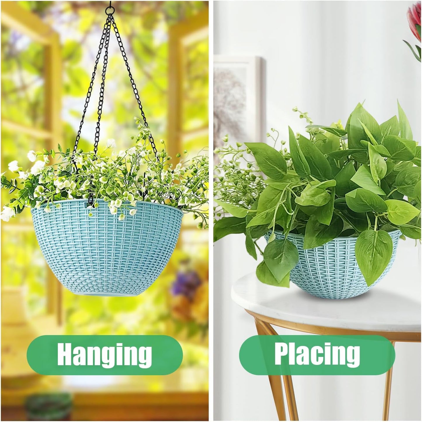 RooTrimmer Hanging Planters for Indoor Outdoor Plants 8 and 10 Inch, 4 Packs Hanging Flower Pot with Drainage Holes, Self-Watering Hanging Basket Perfect for Home, Office and Garden, White