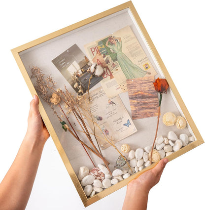 Muzilife 8x8 Shadow Box Picture Frame with Linen Board - Deep Wood & Glass Display Case Ready to Hang Memory Box Baby Sports Memorabilia, Pins, Awards, Medals, Wedding, Tickets and Photos (Black)