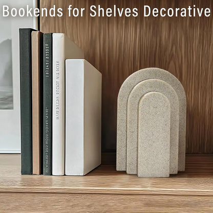 LIN CHUAN Heavy Duty Bookends for Shelves, 6.6 LBS Heavy Book Ends for Heavy Books, Decorative Modern Bookends with Faux Sandstone Look, Layered Arch Book Stopper for Bookshelf Holder Set of 2, Beige
