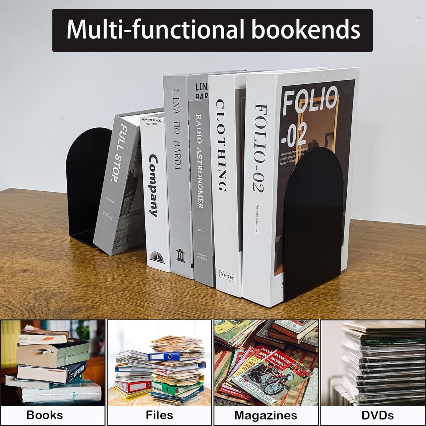 MerryNine Metal Book Ends, 2 Pack Black Bookends for Shelves, Book Holder for Heavy Books, Book End for Kids Books, Decoration Bookend for Home Office