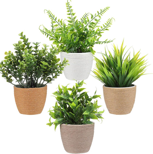 Suncalla 4 Pcs Boho Woven Artificial Plants, 8.7" Small Faux Eucalyptus in Woven Planters, Waterproof Fake Potted Greenery for Farmhouse Bathroom Home Office Shelf Decor