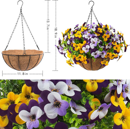 2 Set Artificial Outdoor Pansy Flowers with Hanging Baskets, 2 Hanging Baskets with 24 Pcs Silk Flowers for Spring Easter Decorations Porch Patio Home Decor (2, Purple, Yellow, White, Light Purple)