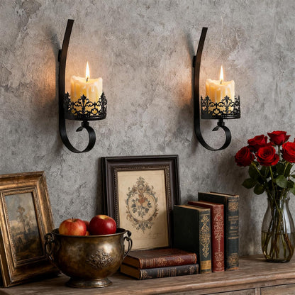Set of 2 Black Wrought Iron Wall Mount Candle Sconces - Farmhouse Style Hanging Candle Holders for Living Room, Bathroom, Dining Room, and Window Decor (2, Black-B Style)