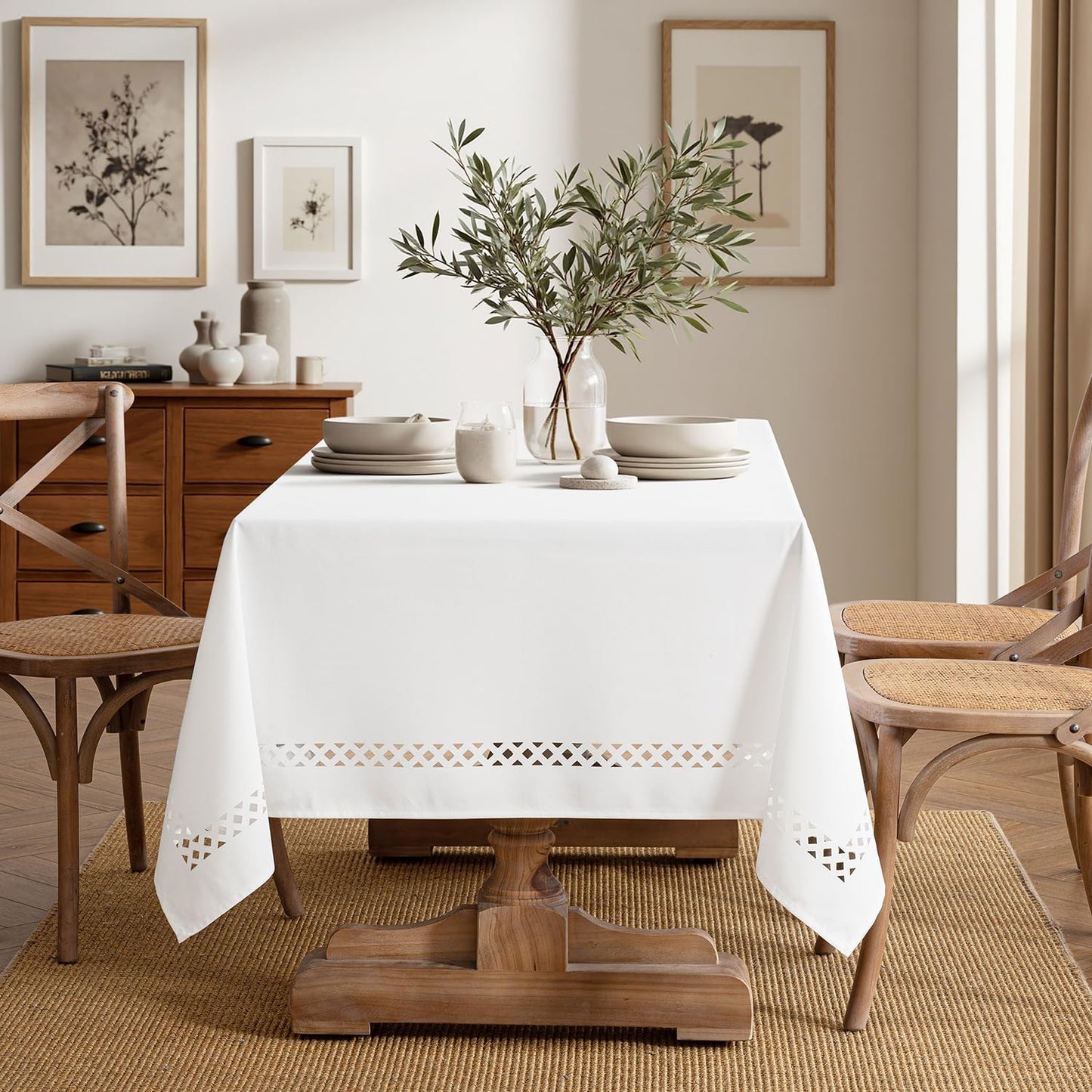 MIULEE Beige Rectangle Linen Polyester Tablecloth with Decorative Cutouts Spring Waterproof Stain Resistant & Shrink-Proof Table Cloth 52x70 inch Farmhouse Style for Dining Wedding and Outdoor