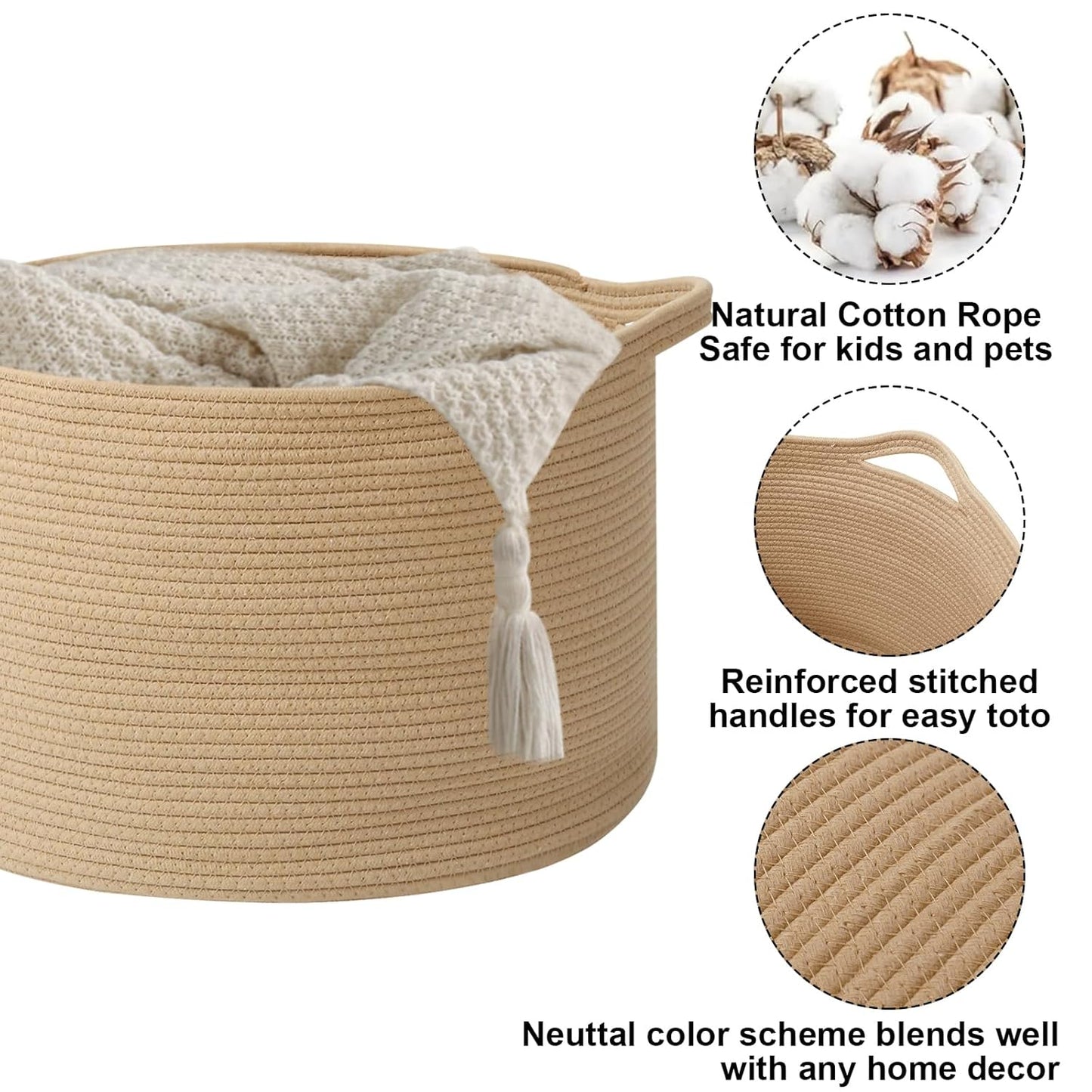 Large Woven Blanket Basket,65L Cotton Rope Laundry Basket Hamper with Handles, Decorative Nursery Basket Storage Bin for Toys, Clothes Organizer, Living Room, Bedroom, Bathroom, White & Brown