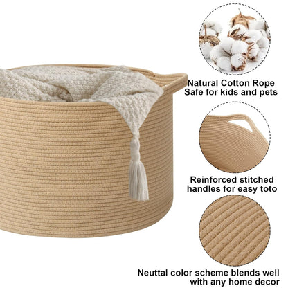 Large Woven Blanket Basket,65L Cotton Rope Laundry Basket Hamper with Handles, Decorative Nursery Basket Storage Bin for Toys, Clothes Organizer, Living Room, Bedroom, Bathroom, White & Brown