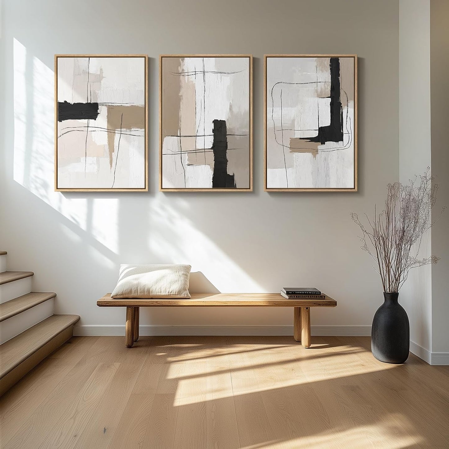 Large Framed Neutral Abstract Wall Art for Living Room, 3 Piece Modern Canvas Prints Paintings Artwork for Walls, Black and Beige Pictures for Living Room Hallway Stair Office Wall Decor 24x36 Inch