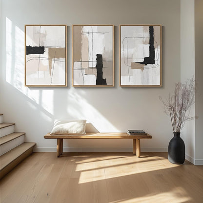 Large Framed Neutral Abstract Wall Art for Living Room, 3 Piece Modern Canvas Prints Paintings Artwork for Walls, Black and Beige Pictures for Living Room Hallway Stair Office Wall Decor 24x36 Inch