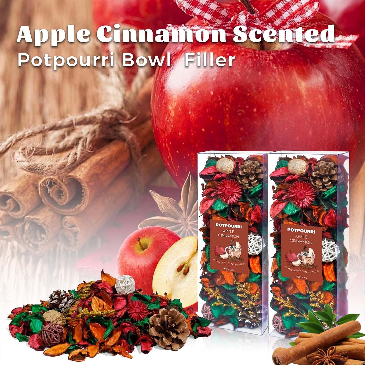 STRN Potpourri Bowl Filler with Essential Oil – Cinnamon & Apple Scented Dried Flower Bags, Bowl Vase Filler, Decorative Potpourri for Vase or Bathroom – Long-Lasting Fresh Aroma Gift for Home Decor