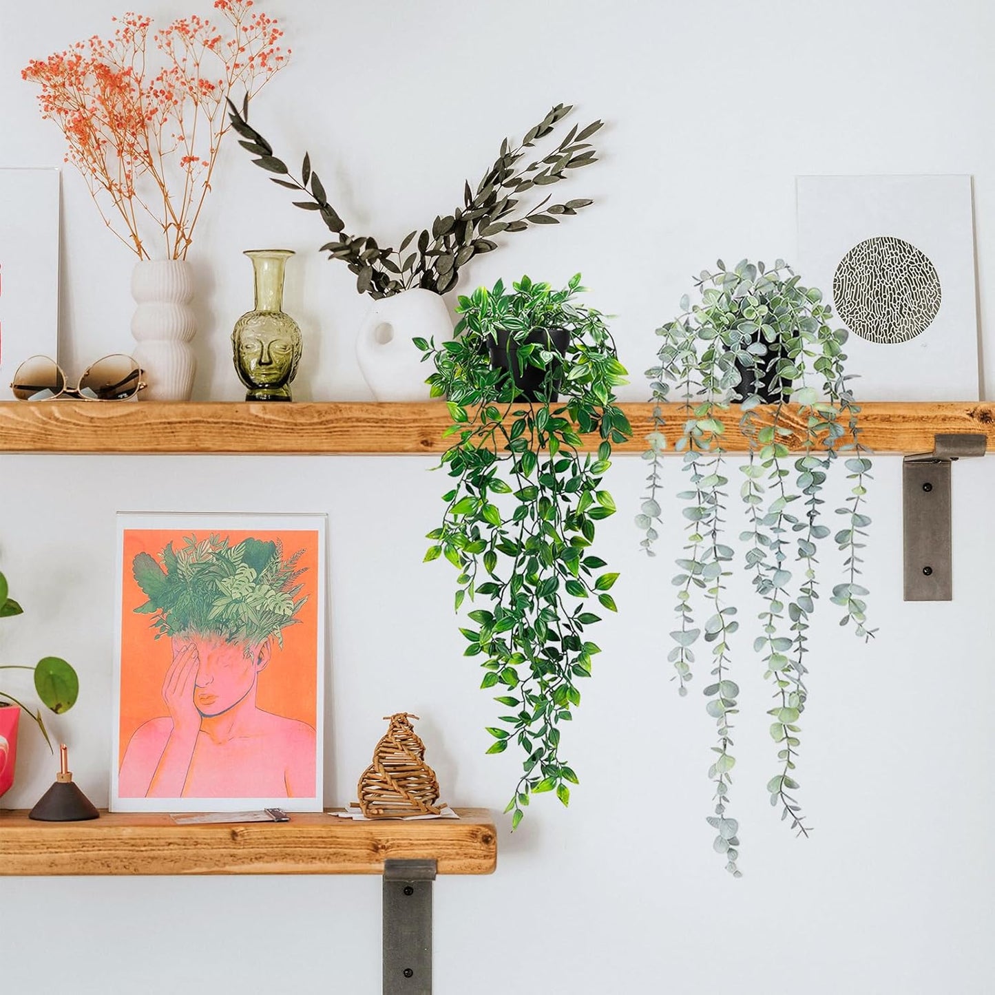 Clearain 1pcs Fake Hanging Plants, Artificial Small Potted Plants, Mini Faux Succulent Plant for Indoor Outdoor Aesthetic Office Living Room Shelf Home Decor (Eucalyptus leaves-1pcs)