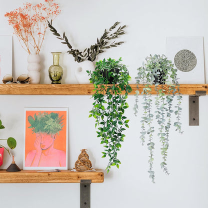 Clearain 1pcs Fake Hanging Plants, Artificial Small Potted Plants, Mini Faux Succulent Plant for Indoor Outdoor Aesthetic Office Living Room Shelf Home Decor (Eucalyptus leaves-1pcs)