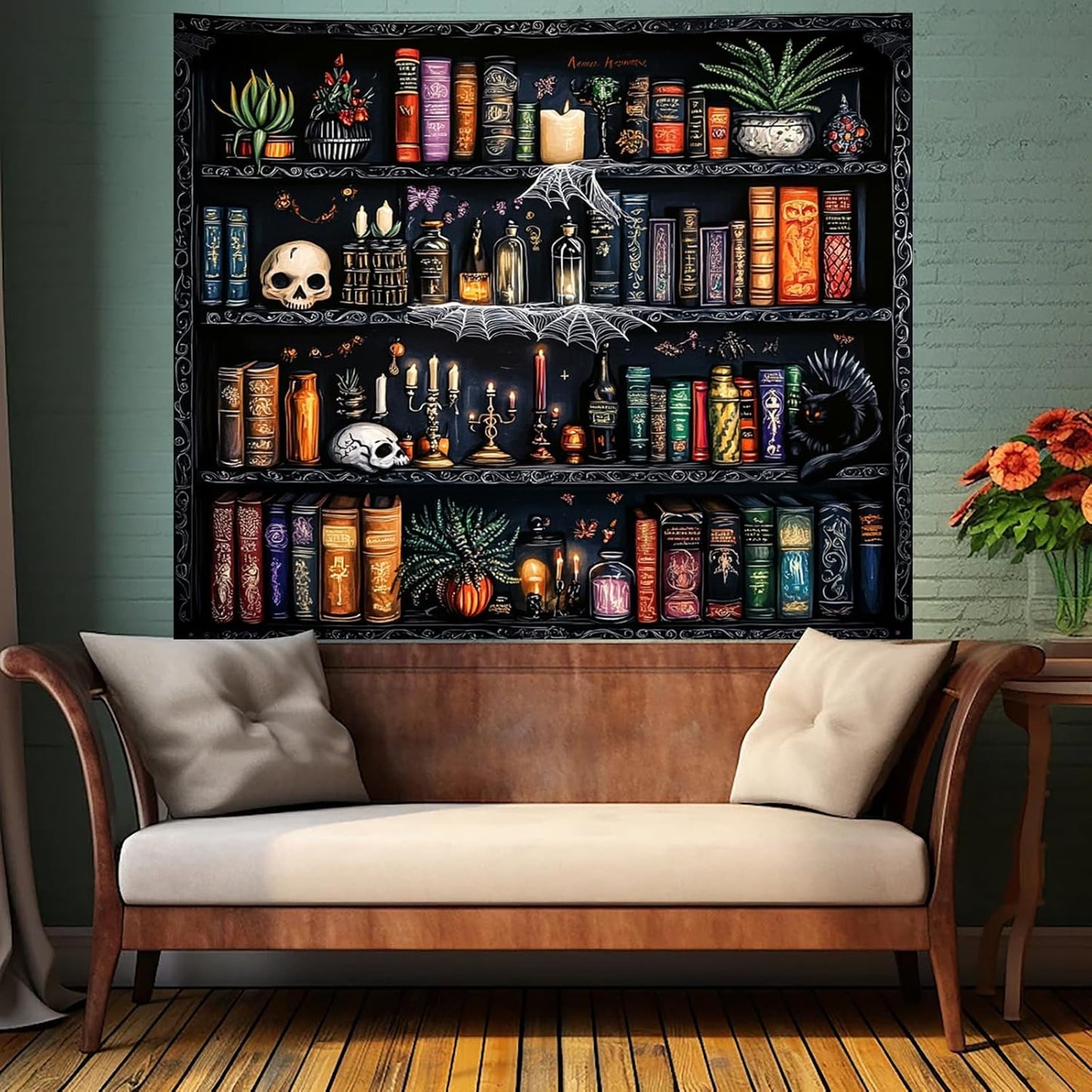 Algasan Magic Bookshelf Tapestry Magical Book Tapestry Gothic Witchy Vintage Library Skull Potion Black Cat Candle Botanical Backdrop for Bedroom Living Room Dorm 59.1 x 51.2 Inches
