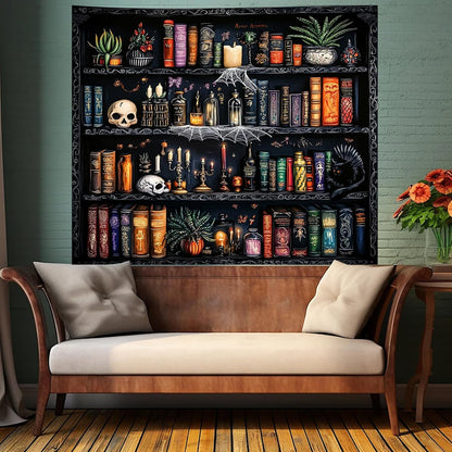 Algasan Magic Bookshelf Tapestry Magical Book Tapestry Gothic Witchy Vintage Library Skull Potion Black Cat Candle Botanical Backdrop for Bedroom Living Room Dorm 59.1 x 51.2 Inches
