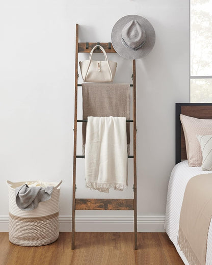 Hzuaneri Blanket Ladder for Living Room, Decorative Quilt Rack with 4 Removable Hooks, 5-Tier Farmhouse Ladder Holder Shelf Organizer for Bedroom, Rustic Brown and Black 02101BBR