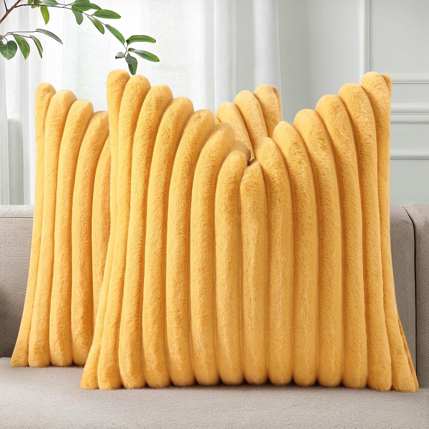 Pallene Faux Fur Plush Throw Pillow Covers 18x18 Set of 2, Luxury Soft Fluffy Striped Decorative Pillow Covers for Sofa, Couch, Living Room, Cream White