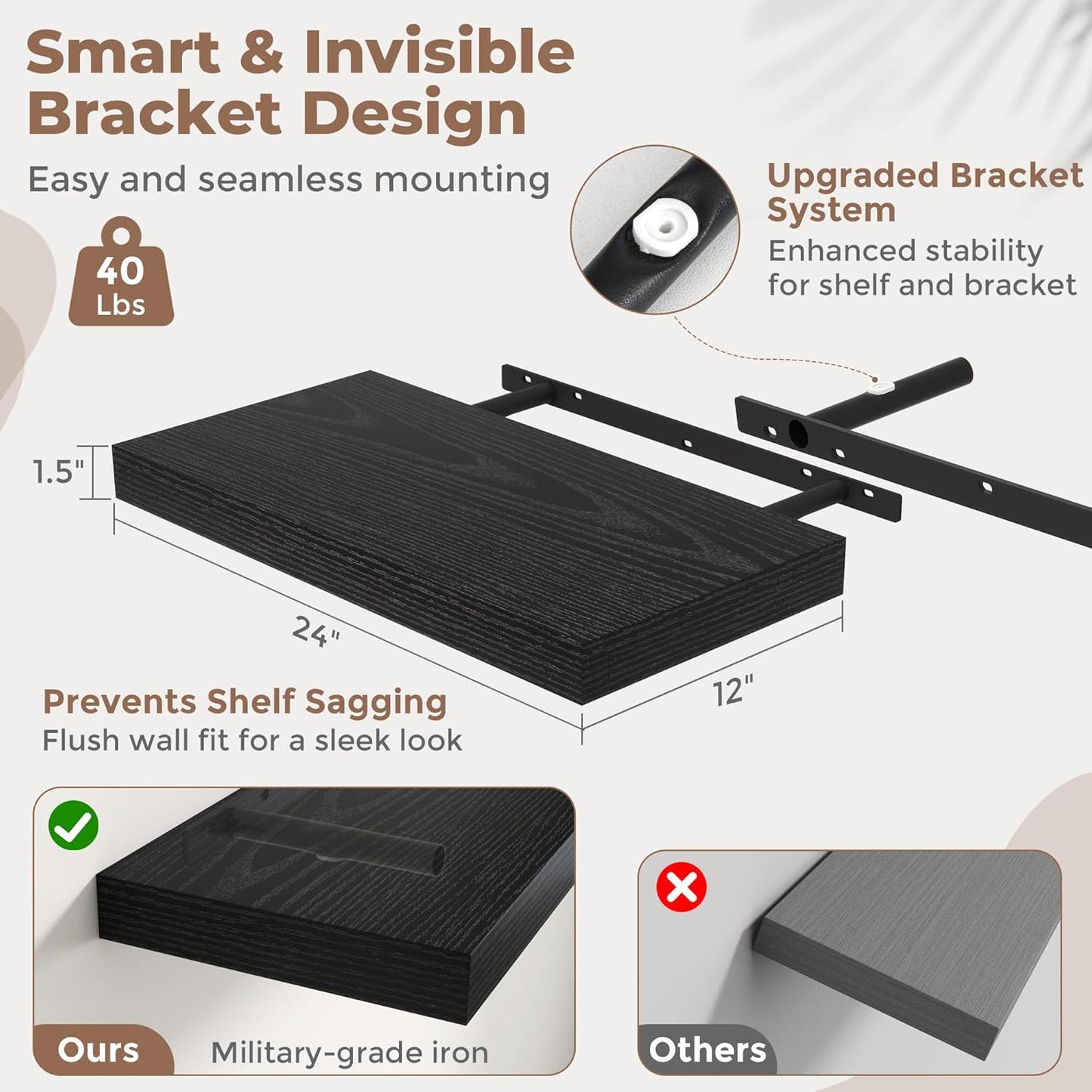 72 Inch Long Floating Shelves for Wall Set of 2, 12"D Wood Grain Bathroom Shelves with Invisible Brackets, Easy Install Engineered Wood Storage Shelves for Kitchen, Living Room, Bedroom, Black Finish