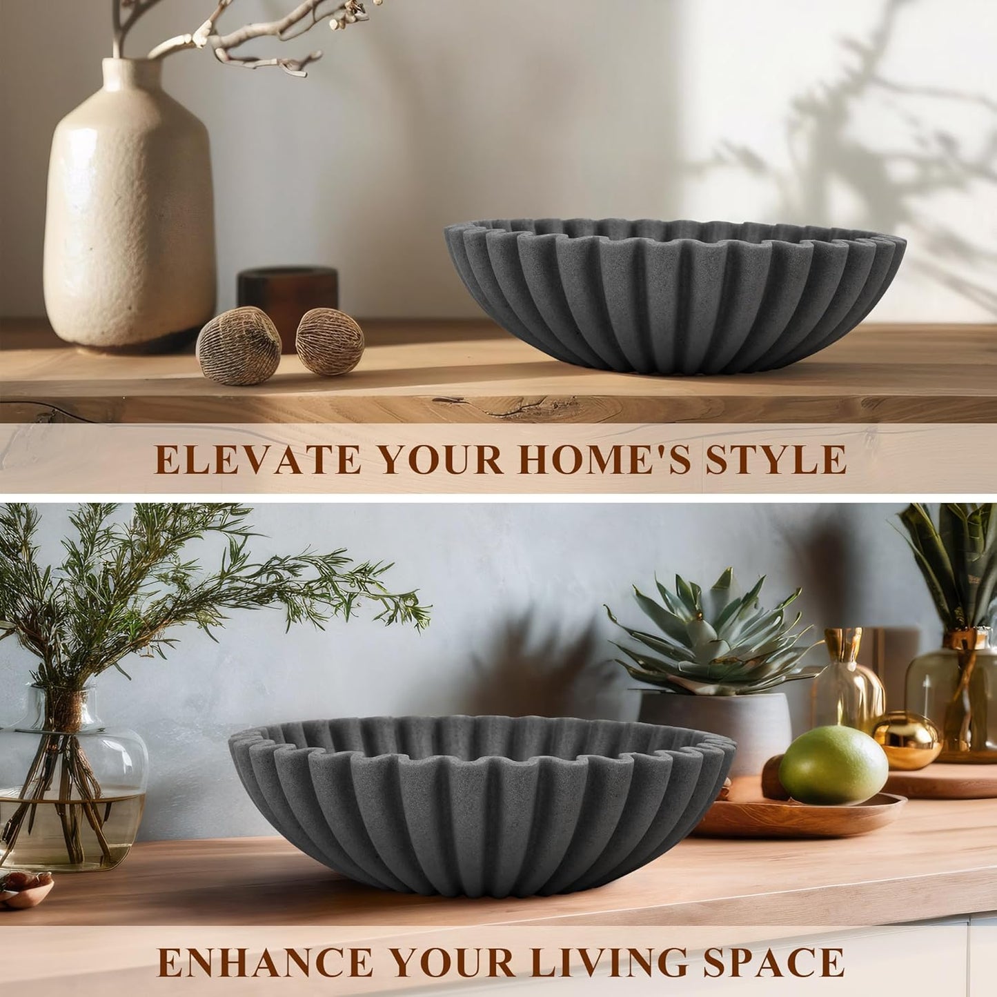 YMXYJM Large Decorative Bowl, Modern Handicraft Bowls for Home Decor, Fruit Bowl for Kitchen Counter, Ruffle Decor, Stylish Key Bowl for Entry Table, Artificial Stone Beige