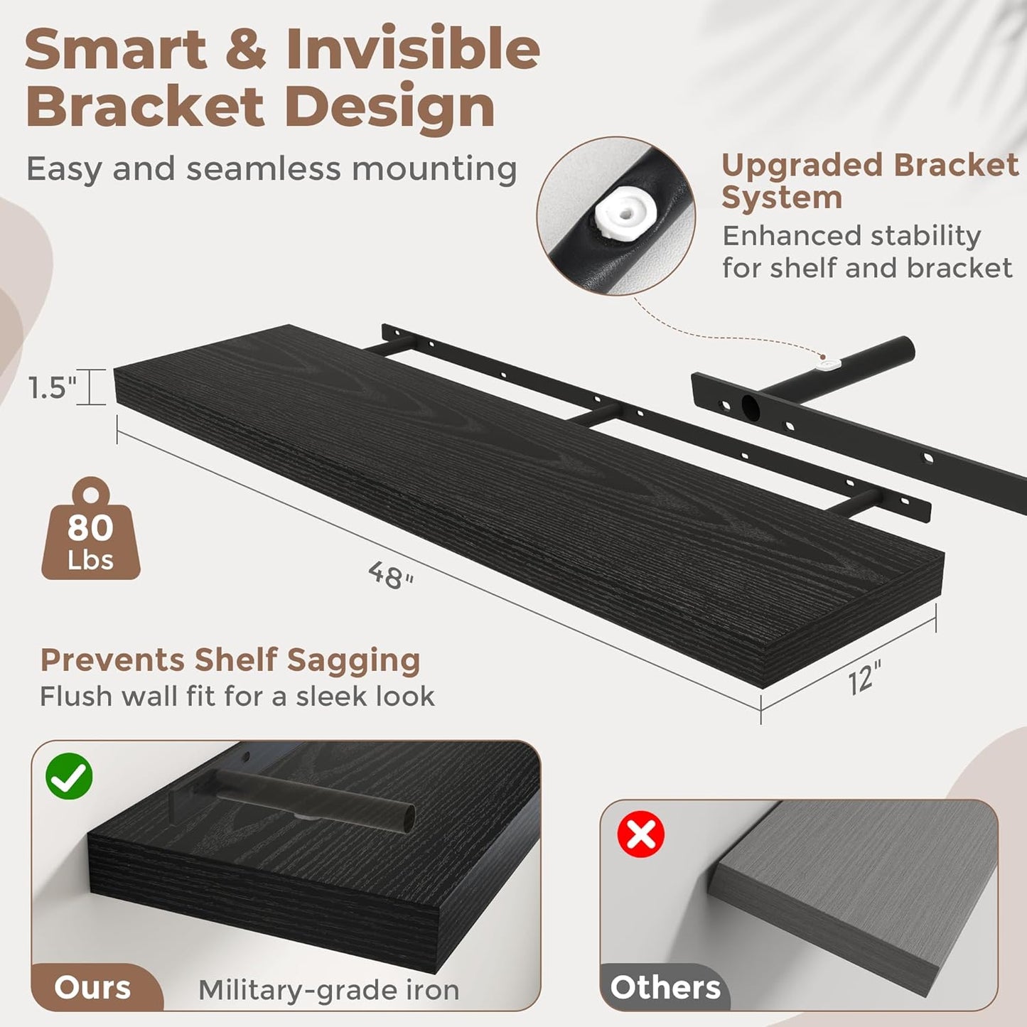72 Inch Long Floating Shelves for Wall Set of 2, 12"D Wood Grain Bathroom Shelves with Invisible Brackets, Easy Install Engineered Wood Storage Shelves for Kitchen, Living Room, Bedroom, Black Finish
